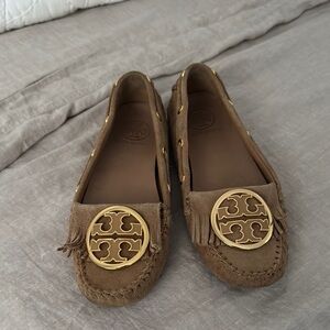 Tory Burch Brown Moccasins with Gold Emblem